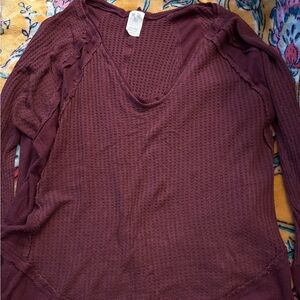 We The Free Maroon Waffle Long Sleeve Top Tunic